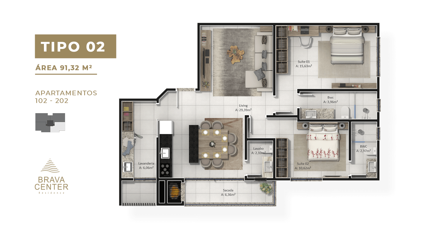 Planta 02 - 2 dorm 91 32m²