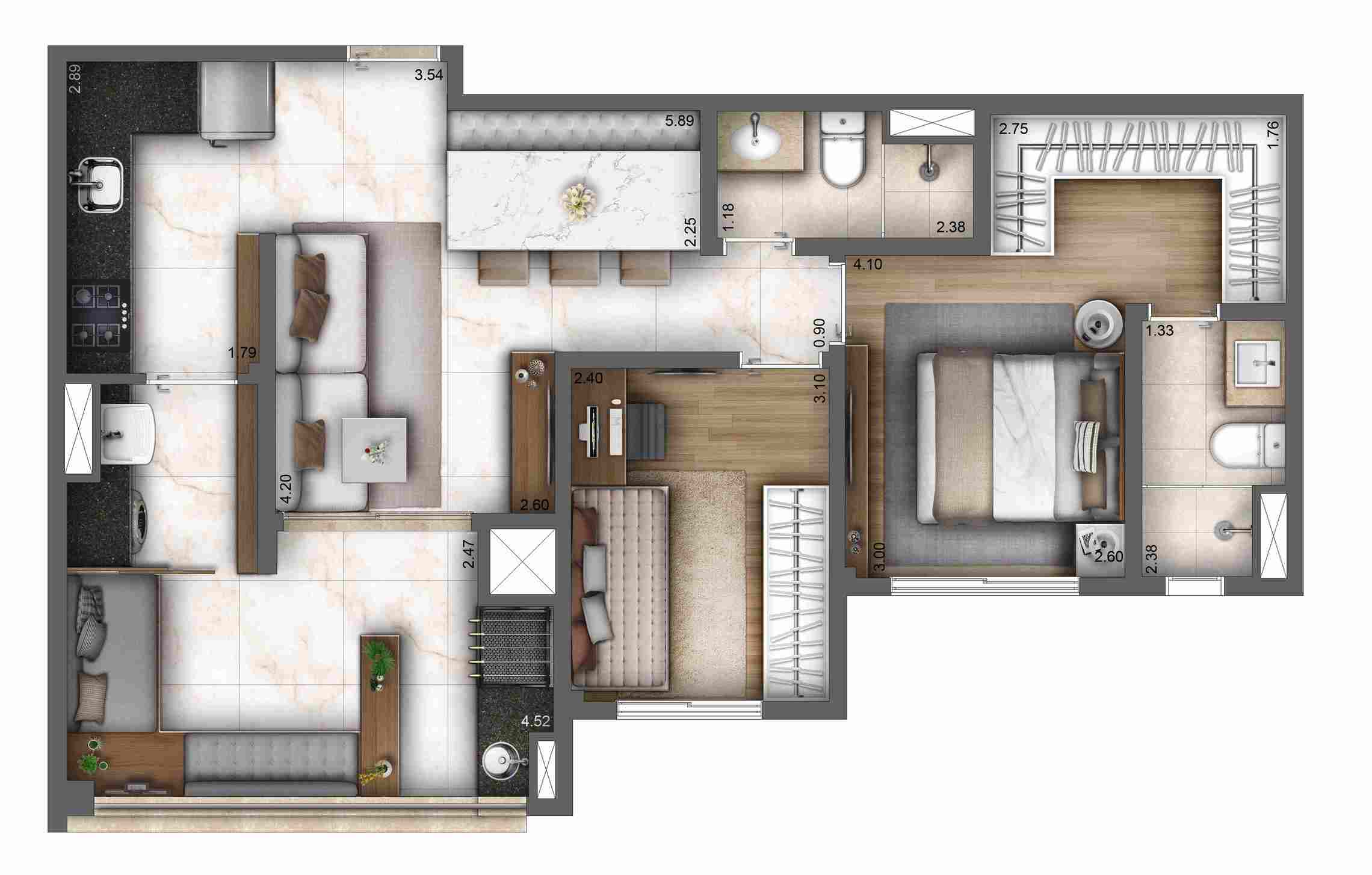 Planta 01 - 2 dorm 67m²