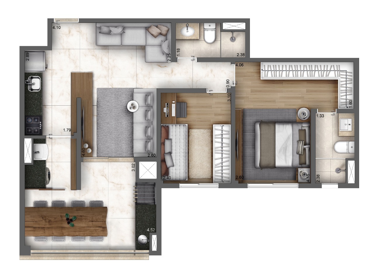 Planta 02 - 2 dorm 71m²