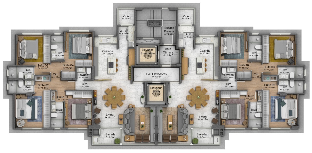 Planta 01 - 4 dorm 146m²
