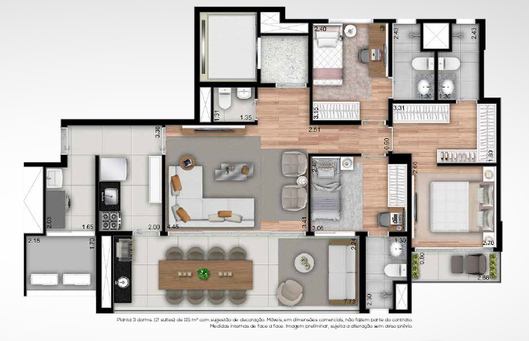 Planta 01 - 3 dorm 115m²
