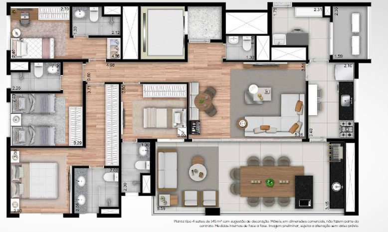 Planta 02 - 4 dorm 145m²