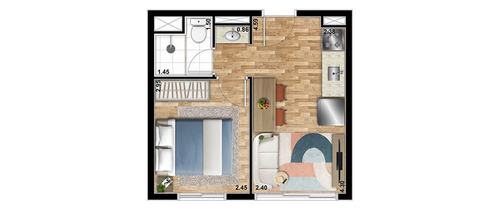 Planta 01 - 1 dorm 25m²