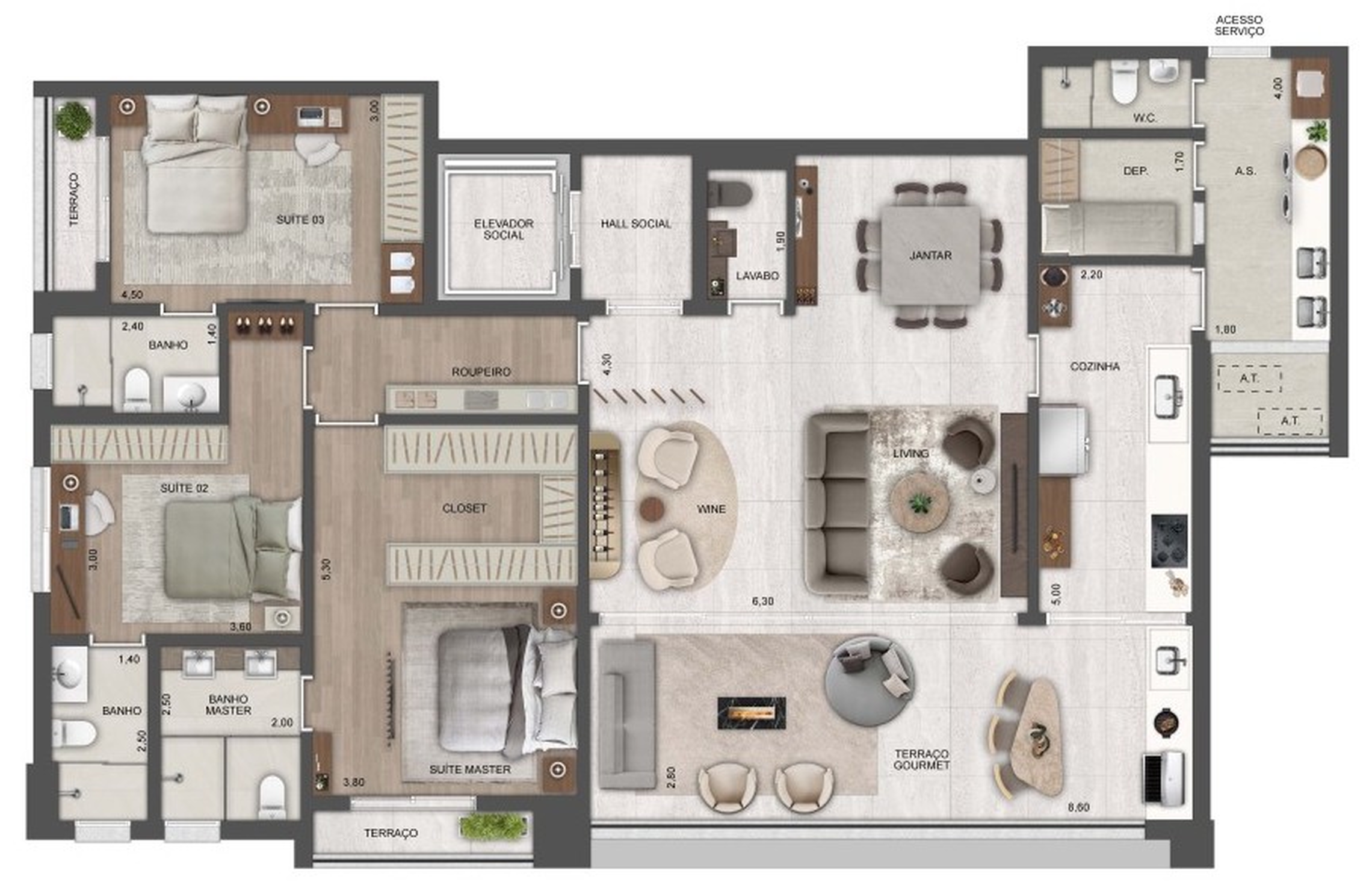 Planta 02 - 3 dorm 185m²