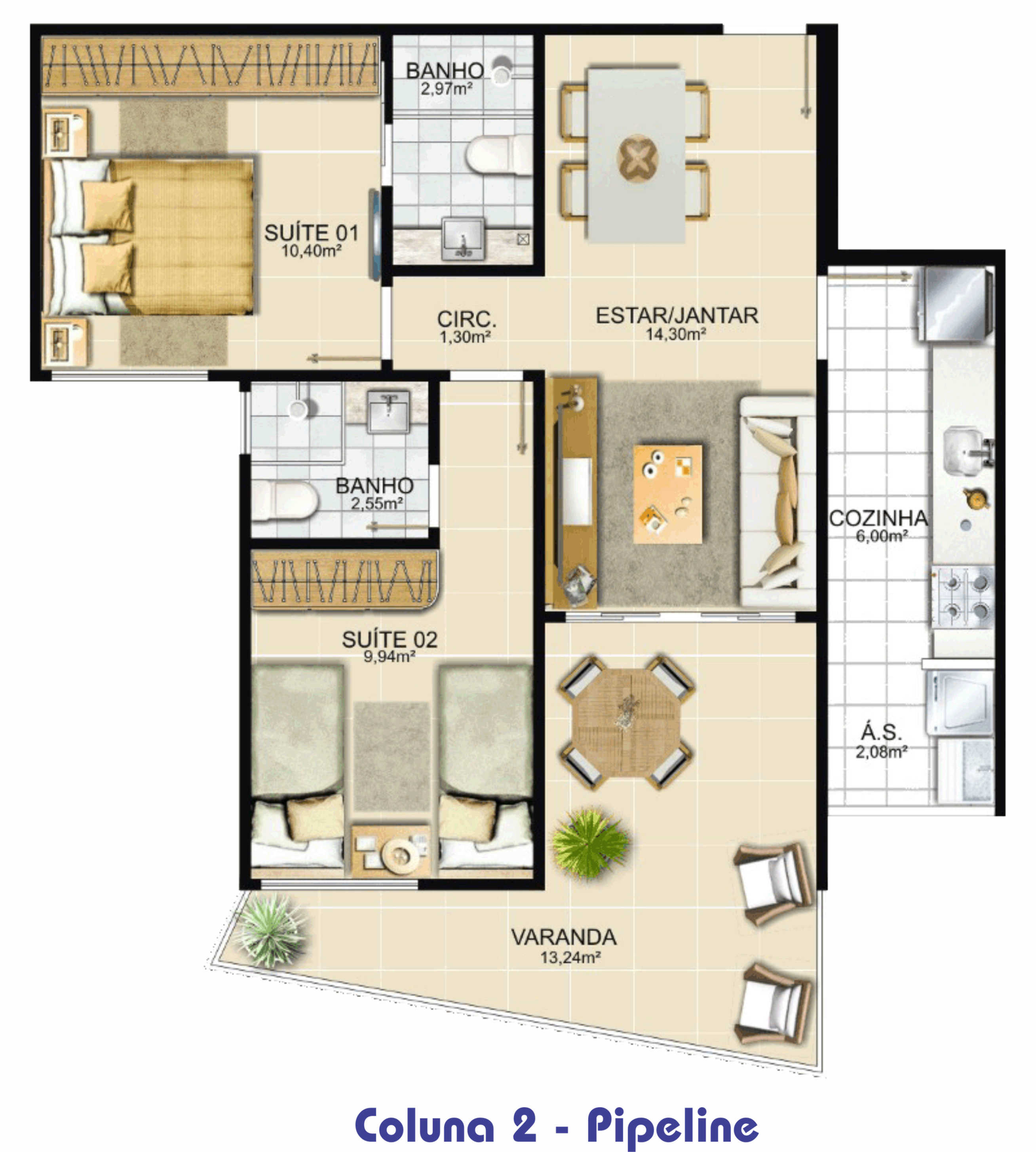 Planta 02 - 2 dorm 68,76m² Planta 02 - 2 dorm 68,76m²
