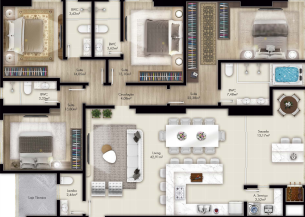 Planta 01 - 4 dorm 170m²