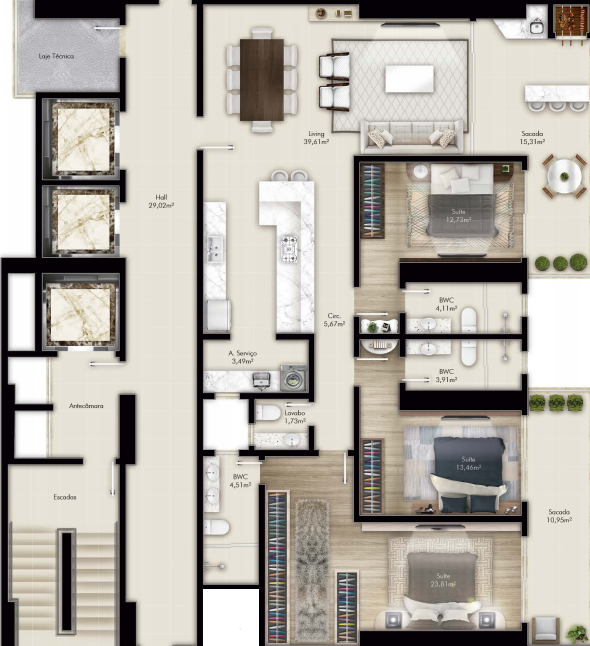 Planta 02 - 3 dorm 160m²