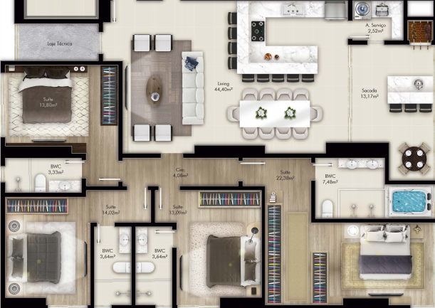 Planta 03 - 4 dorm 170m²