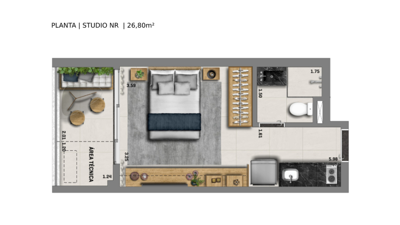 Planta 03 - 1 dorm 26 80m² - studio