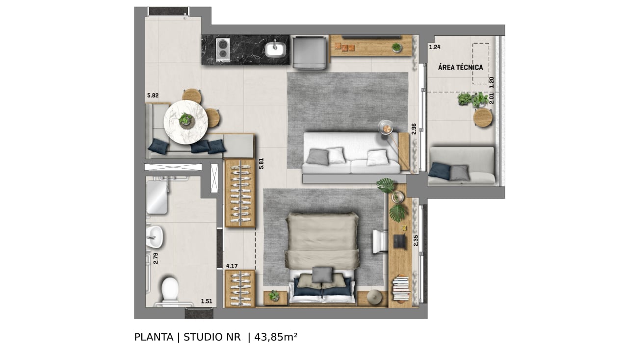 Planta 04 - 1 dorm 43 85m² - studio