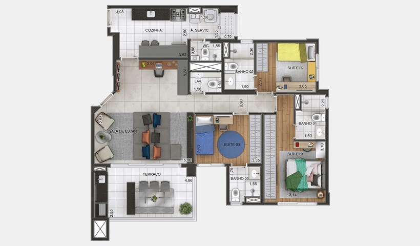 Planta 01 - 3 dorm 110m²