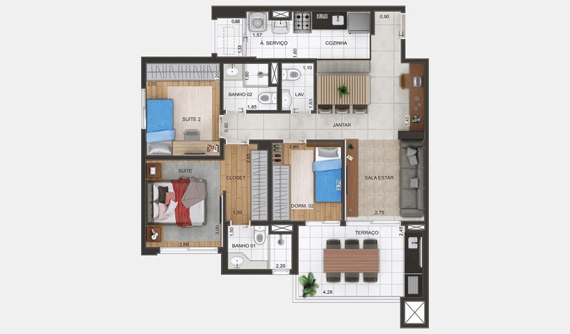 Planta 03 - 3 dorm 88m²