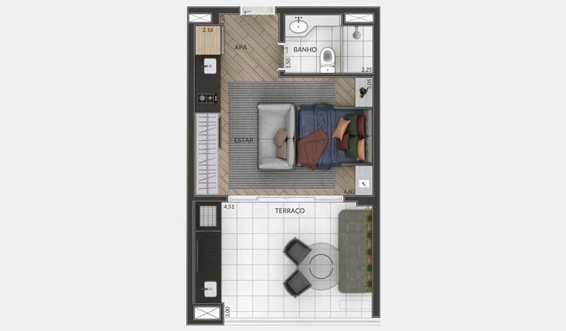 Planta 01 - 1 dorm 40m² - studio