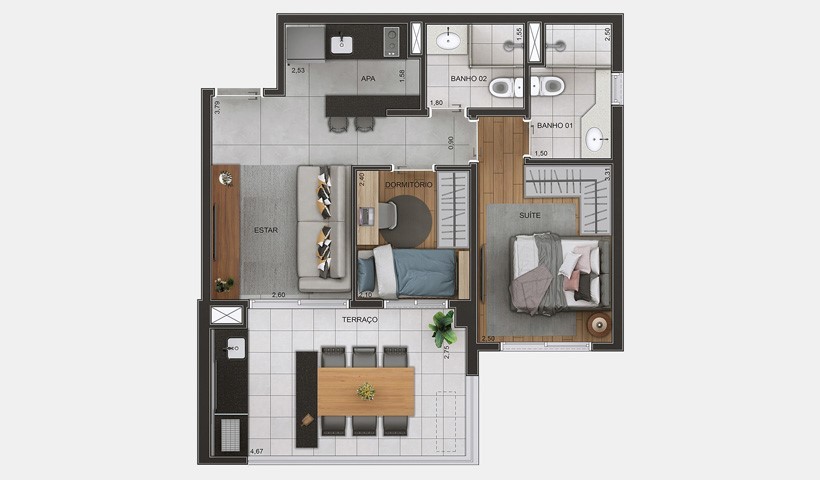 Planta 02 - 2 dorm 57m²