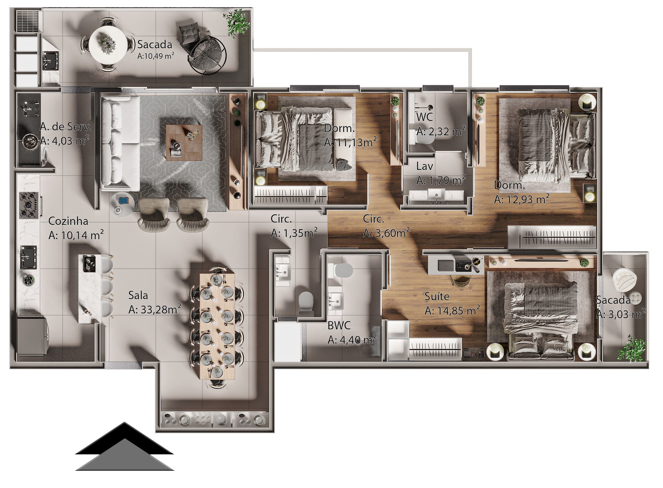 Planta 04 - 3 dorm 130m²