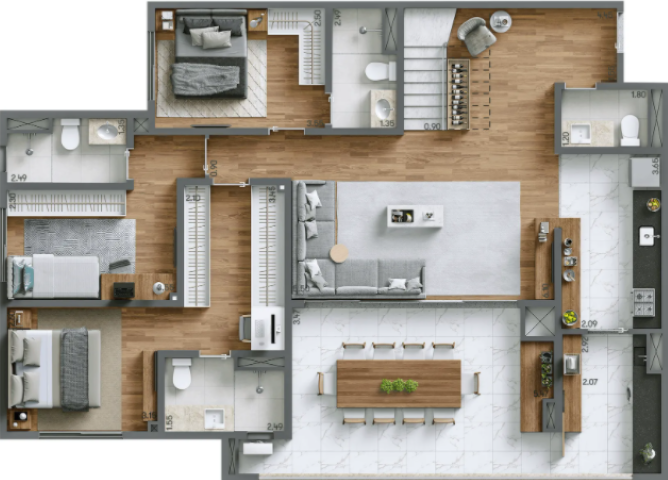 Planta 08 - 4 dorm 240m² - duplex inferior