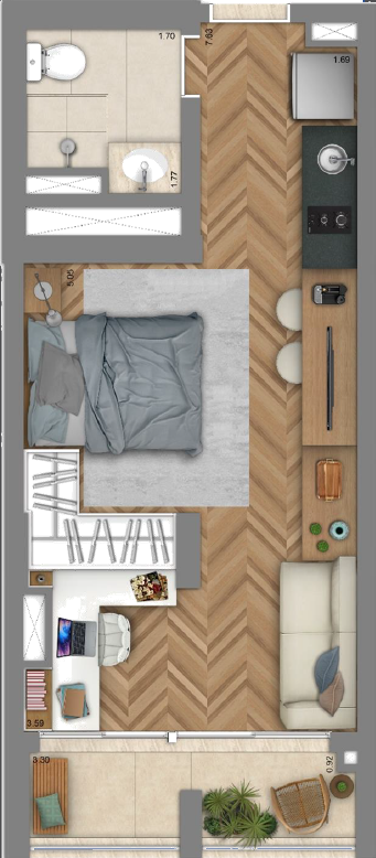 Planta 10 - 1 dorm 25m² - studio