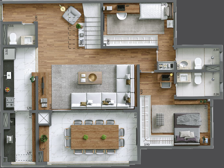 Planta 06 - 3 dorm 187m² - duplex inferior