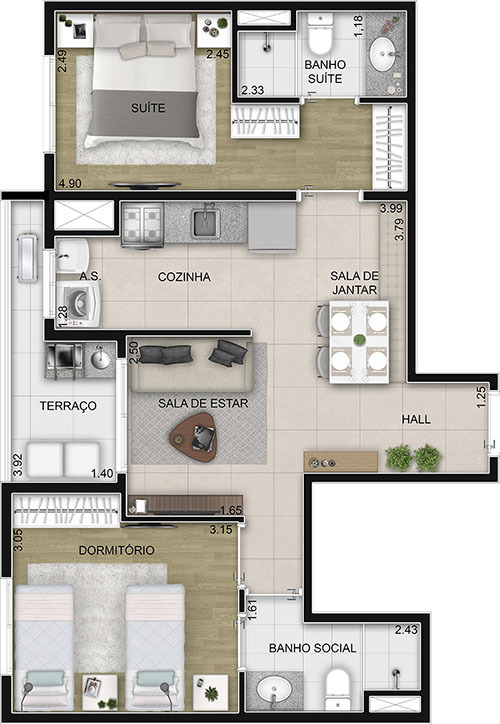 Planta 01 - 2 dorm 54 90m²