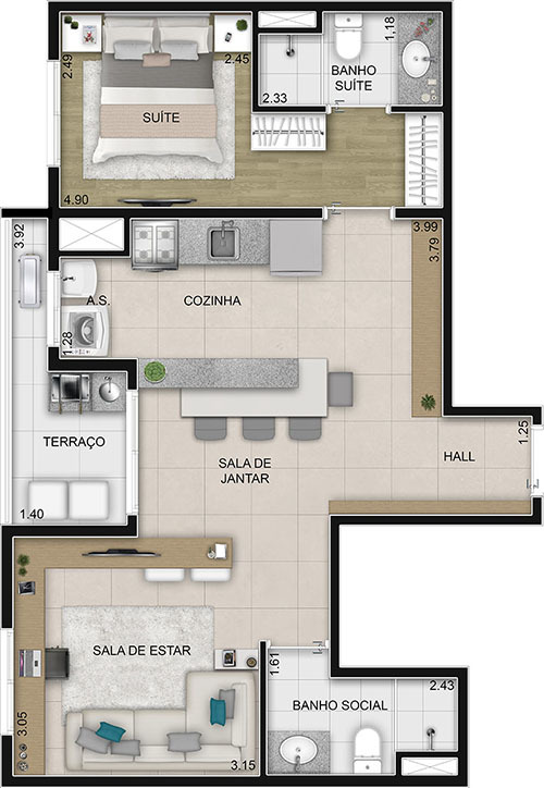 Planta 02 - 1 dorm 54 90m²