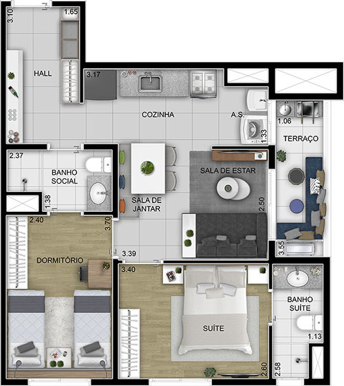 Planta 04 - 2 dorm 55 30m²