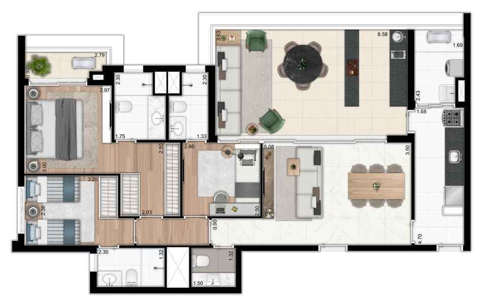 Planta 02 - 3 dorm 121m²