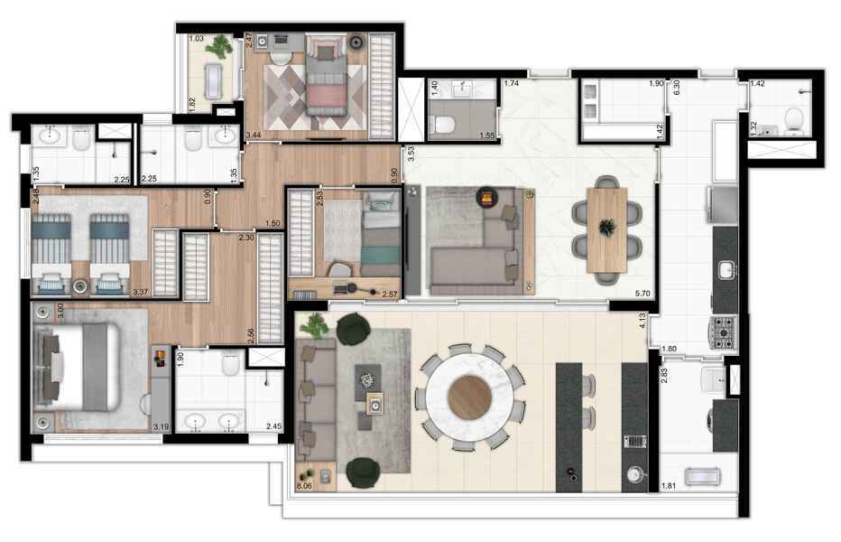 Planta 03 - 4 dorm 158m²