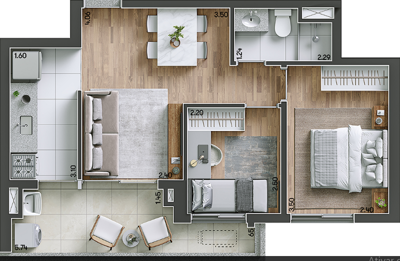 Planta 03 - 2 dorm 50m²