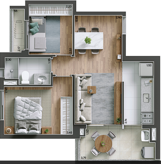 Planta 05 - 2 dorm 52m²