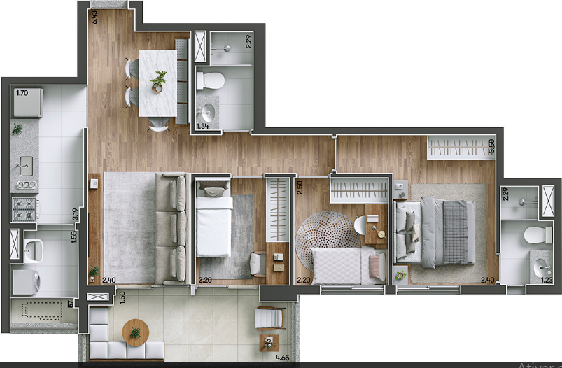 Planta 07 - 3 dorm 75m²