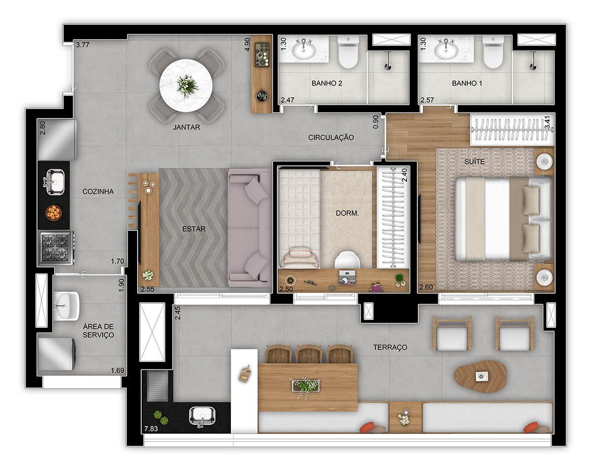 Planta 01 - 2 dorm 77m²