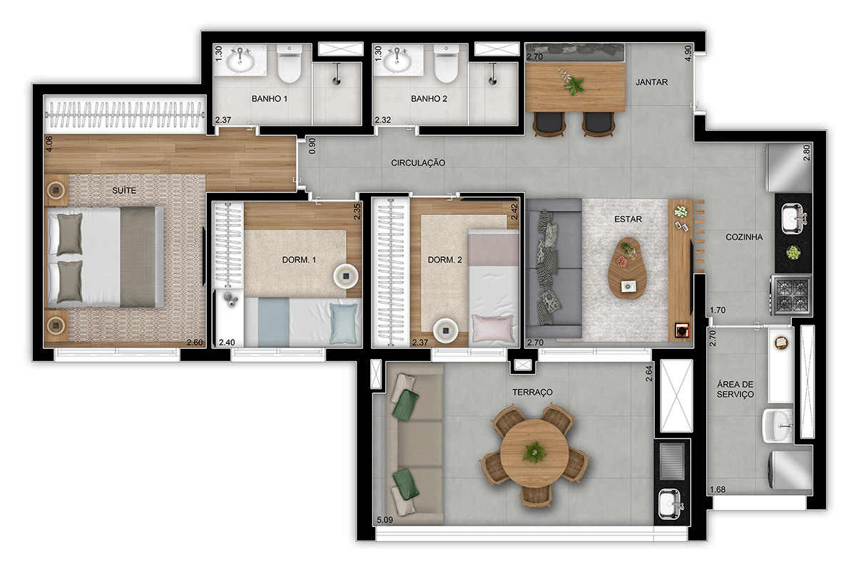 Planta 02 - 3 dorm 81m²