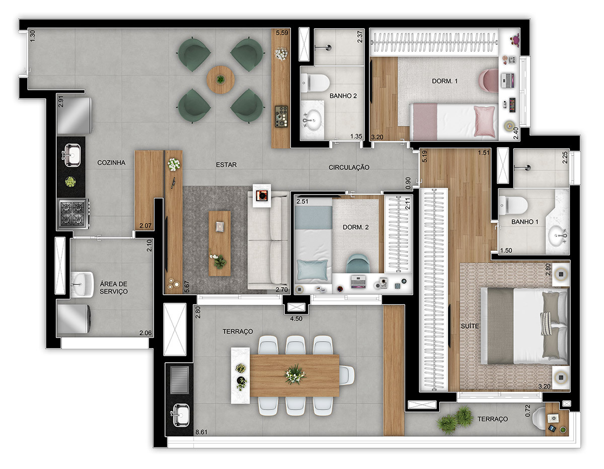 Planta 04 - 3 dorm 95m²