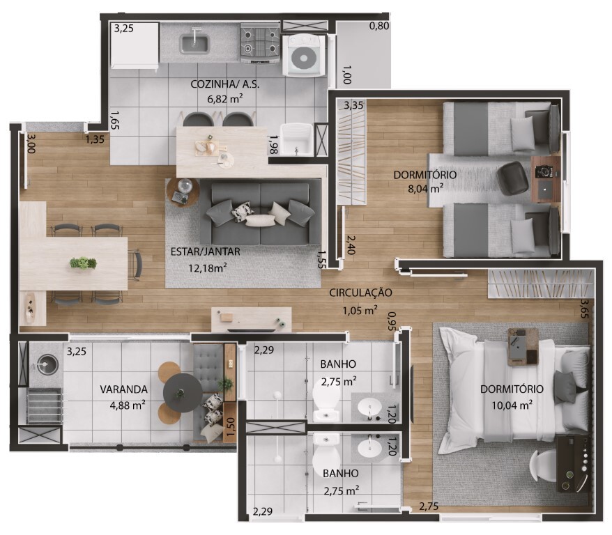 Planta 01 - 2 dorm 55 57m²