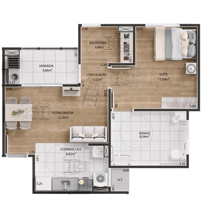 Planta 02 - 1 dorm 55 57m² - pcd