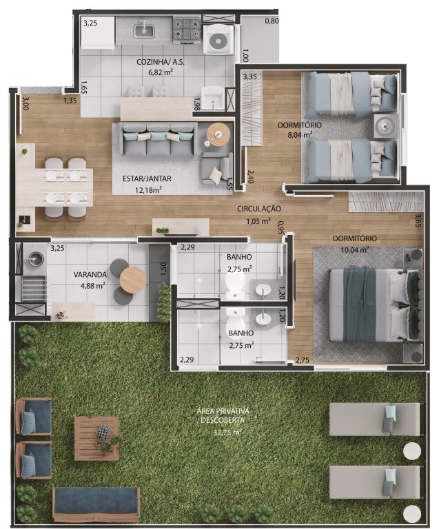 Planta 03 - 2 dorm 88 32m² - garden