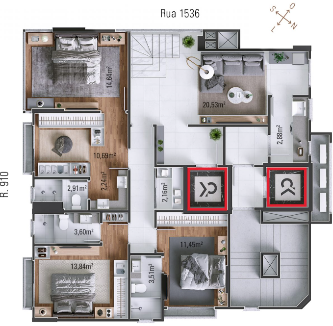 Planta 03 - 3 dorm 247 90m² - cobertura duplex inferior