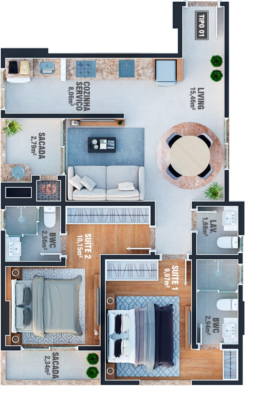 Planta 01 - 2 dorm 68m²