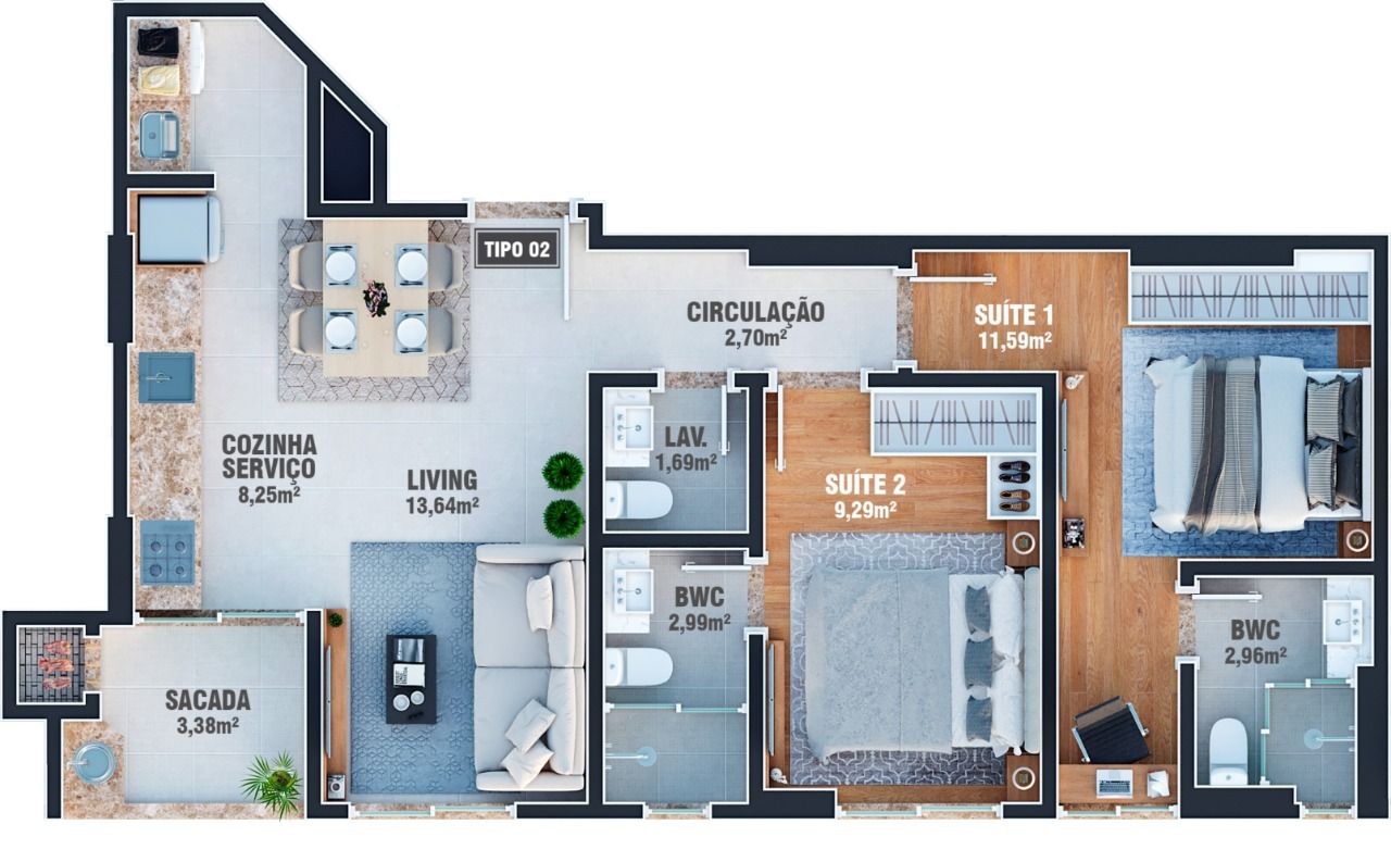 Planta 02 - 2 dorm 65 70m²