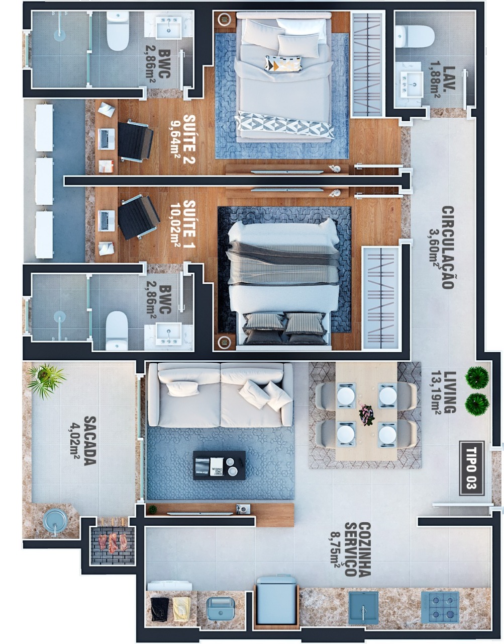 Planta 03 - 2 dorm 66m²