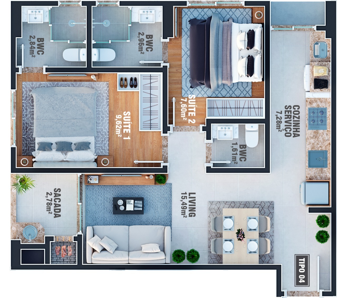 Planta 04 - 2 dorm 60m²