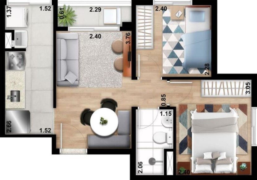 Planta 02 - 2 dorm 39 70m²