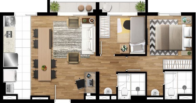 Planta 03 - 2 dorm 56 20m²