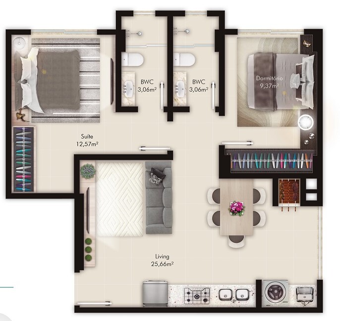 Planta 02 - 2 dorm 62m² - opção