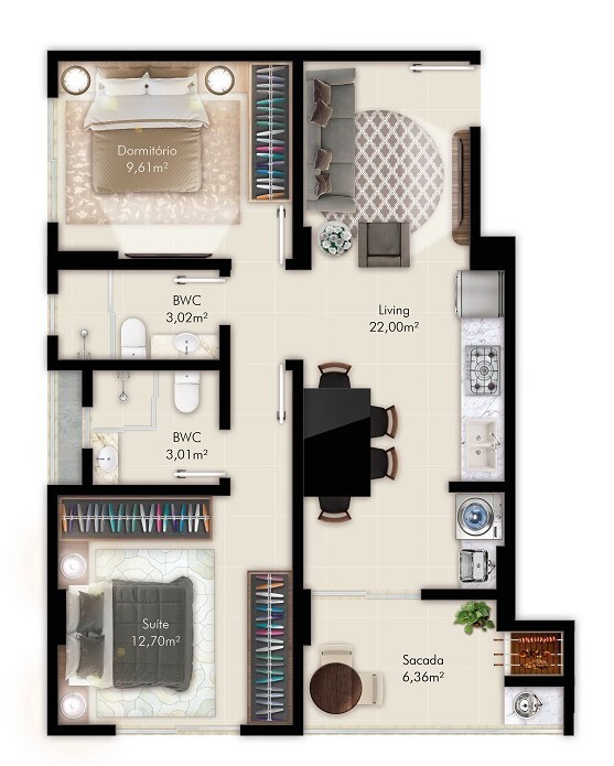 Planta 03 - 2 dorm 66m²