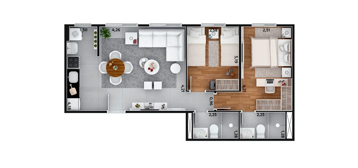 Planta 01 - 2 dorm 58m²