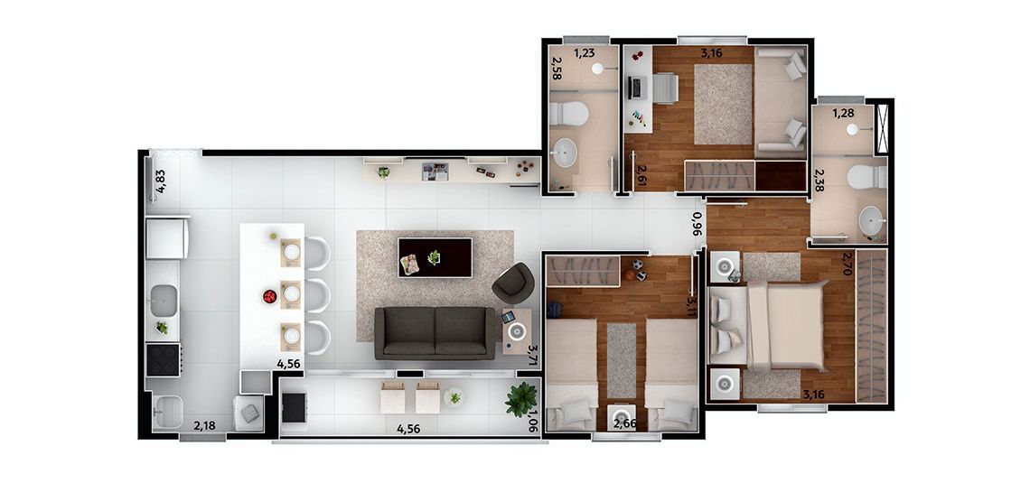 Planta 02 - 3 dorm 76m²