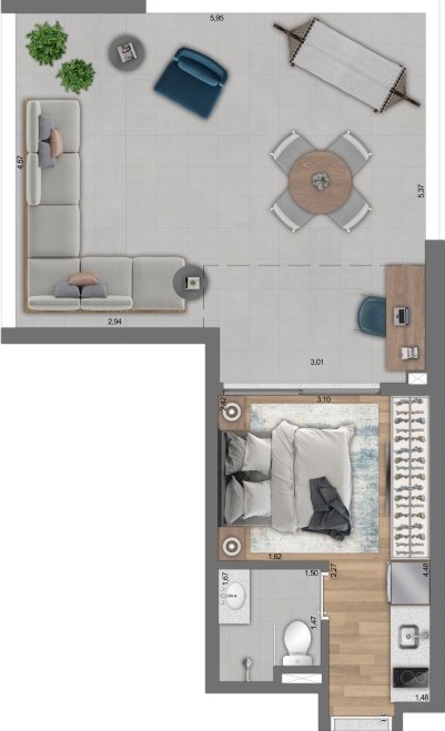Planta 04 - 1 dorm 47m² - studio garden