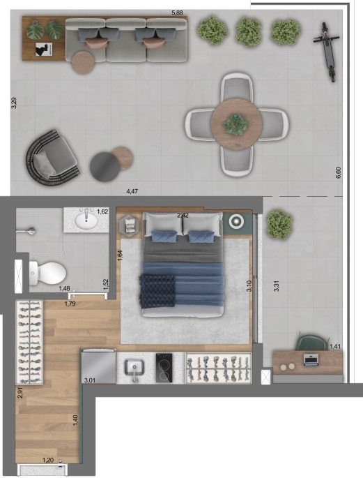 Planta 08 - 1 dorm 43m² - studio garden