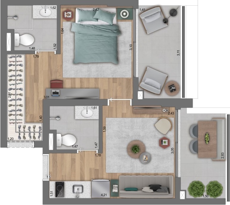 Planta 09 - 1 dorm 43m²